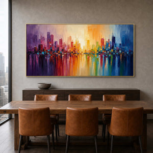 Colorful Cityscape Wall Art displayed in a refined dining room.