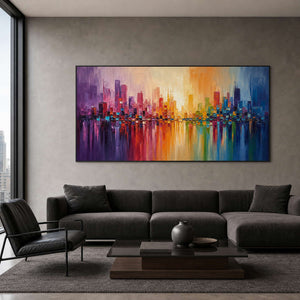 Colorful Cityscape Wall Art displayed in a refined living room.
