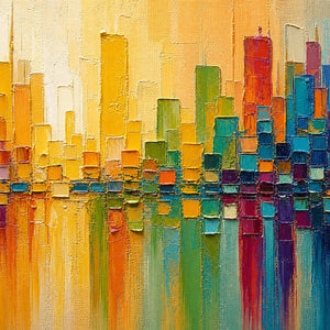 Close-up of raised hand-painted texture in multicolor, warm tones, and blue.