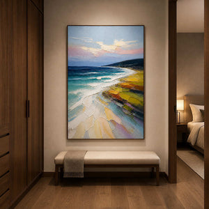 Vertical coastal artwork styled in a walnut bedroom entry.