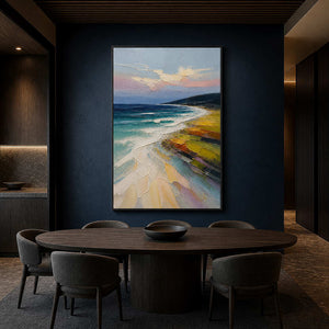 Turquoise coastal landscape displayed in a navy dining room.