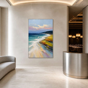 Luminous seascape displayed in a refined restaurant reception.