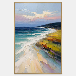 Hand-painted coastal landscape with turquoise surf and colorful shoreline fields.