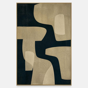 Organic black curve moving through champagne beige and warm ivory forms.