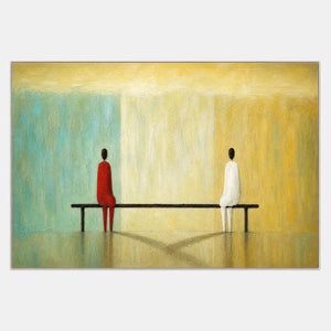 Two seated figures on a bench against turquoise and saffron fields.