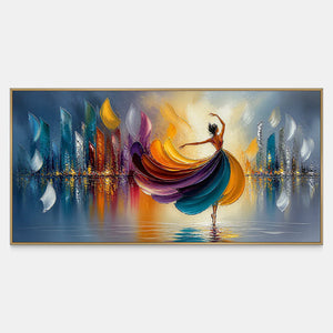Hand-painted dancer canvas with a jewel-tone dress and city lights.