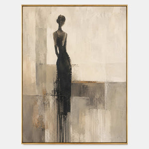 Textured figurative canvas with a dark figure in quiet neutral fields.