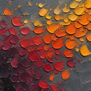 Close-up of raised amber, orange, red, and burgundy palette-knife marks.