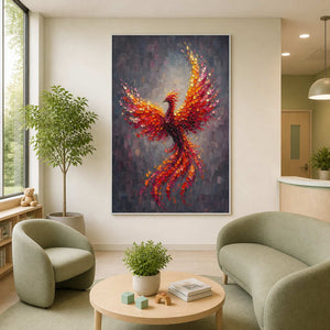 Vertical phoenix wall art displayed in a light wellness waiting area.