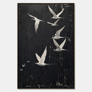 Hand-painted minimalist bird wall art with black, white, and neutral tones.