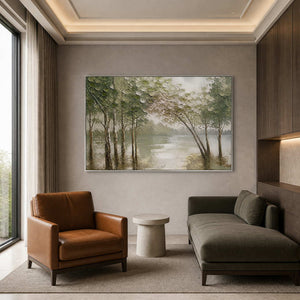Soft green woodland painting displayed in a quiet reading corner.