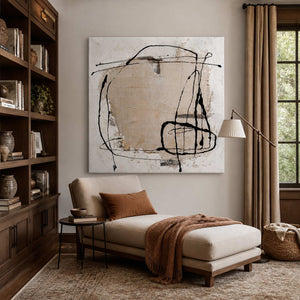 Frameless abstract wall art above a cream chaise beside bookcases in a reading room.