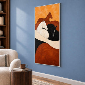 Brown, white, and black horse painting with cream and rust curves in a white frame in a lounge.