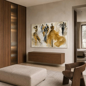 Gold and ivory figurative art styled in an Antwerp bedroom dressing lounge.