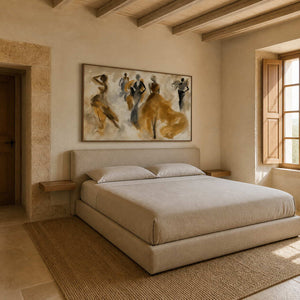 Textured gold figurative artwork displayed in a Mallorca stone house bedroom.