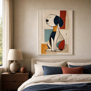 Modern abstract dog wall art displayed in a warm bedroom.