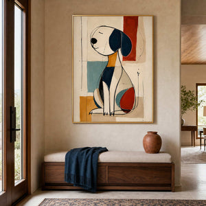 Modern abstract dog wall art displayed in a refined residential entryway.
