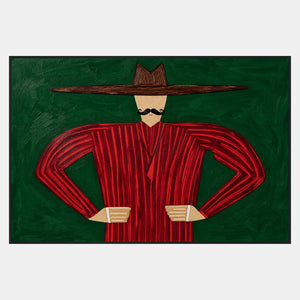 Front-facing figure with curled moustache, wide brown hat, and red striped clothing, hands at waist against green.