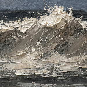 Close-up of charcoal, silver, and white palette-knife wave texture.