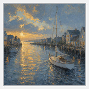Hand-painted textured coastal wall art with a sailboat, blue-gray harbor, and golden sunset.