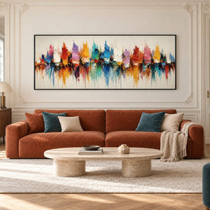 Panoramic harbor painting with colorful sail-like shapes and reflections in a black frame in a living room.