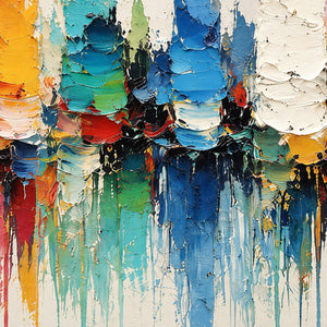 Close-up of raised hand-painted texture in multicolor, blue, and warm tones.
