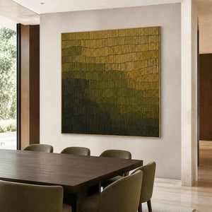 Earthy linear abstract artwork above a dark modern dining table.