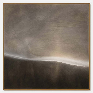 The Horizon Keeps One Glow: a thin glowing horizon between smoky gray and dark brown fields, shown in a full artwork view.