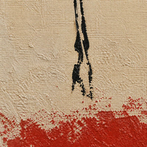 Close-up of black horse linework over ivory and red texture.