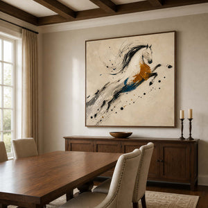 Textured horse artwork above a refined walnut dining console.