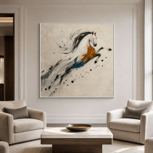 Textured leaping horse canvas in a modern equestrian lounge.
