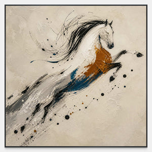 Square equestrian canvas with a leaping white horse in black, ochre, and teal.