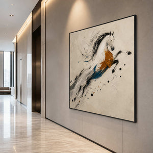Large expressive horse artwork along an upscale hotel gallery corridor.