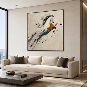 Expressive white horse wall art in a modern American living room.