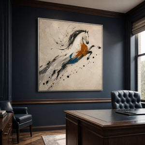 White horse wall art in a deep blue walnut private office.