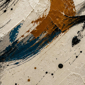 Close-up of raised ivory, ochre, teal, and black equestrian brush texture.