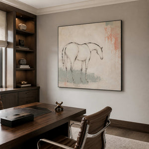 Minimalist equestrian wall art displayed in a warm modern office.