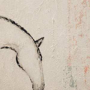 Close-up of black horse linework over ivory and blush texture.