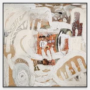 Square abstract artwork with broad cream curves, rust patches, and intricately scratched paint.