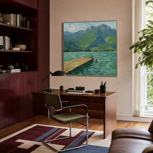 Square mountain landscape bringing cool depth to a modern home office.