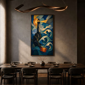 Blue and gold lighthouse wall art displayed in a private dining room.