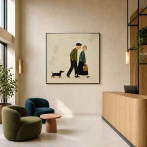 Square people wall art displayed in an Amsterdam community hotel lobby.
