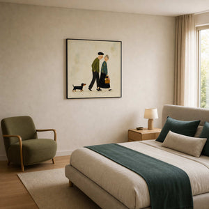 Tender couple painting styled above a Copenhagen apartment bedroom.