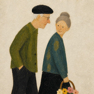 Close-up of the elderly couple painted in olive, teal, and charcoal.