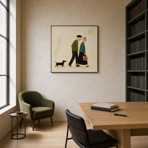 Whimsical portrait canvas displayed in an independent publisher office.