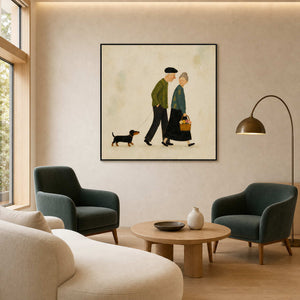 Warm narrative painting displayed in a boutique senior community lounge.