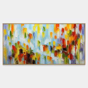 Panoramic abstract wall art with sky blue, marigold, orange, green, and deep blue marks.