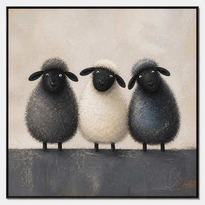 Hand-painted textured canvas of three sheep in charcoal and cream.