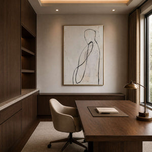 Abstract line figure painting displayed in a dark wood home office.
