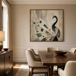 Textured geometric peacock artwork in a warm refined dining room.